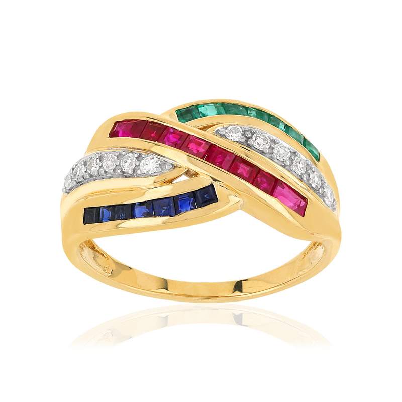 750 yellow gold ring with sapphires, rubies, emeralds, and diamonds - view 1