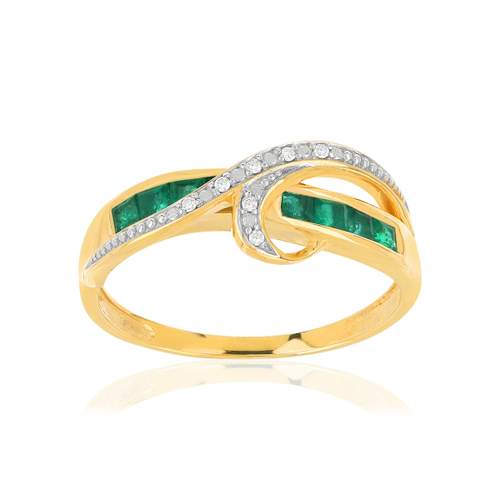 Bague or 750 jaune émeraudes carrées et diamants
