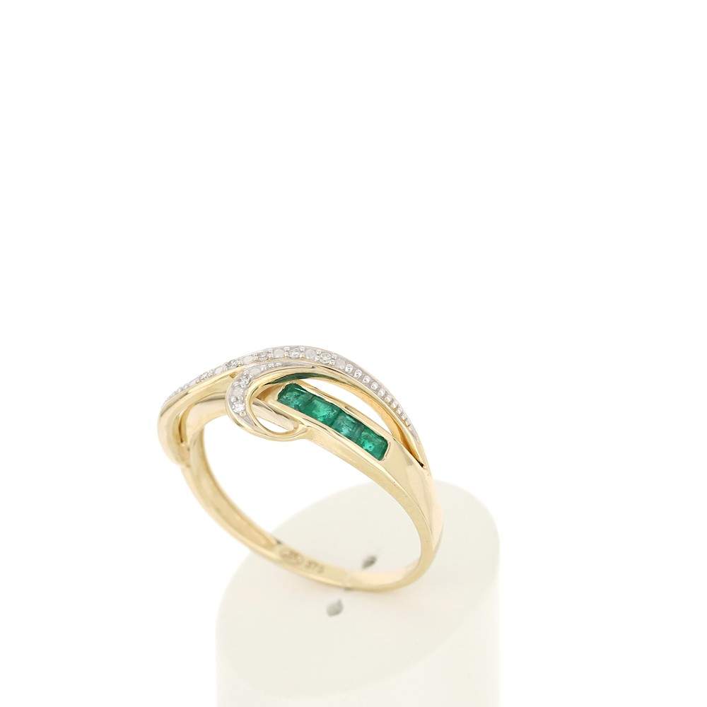 Bague or 750 jaune émeraudes carrées et diamants - vue 3