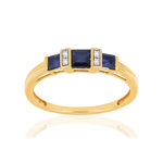 Bague or 750 jaune saphirs carrés et diamants - vue 1