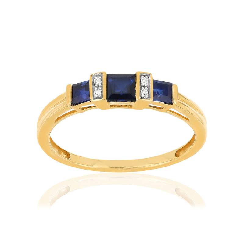 Bague or 750 jaune saphirs carrés et diamants - vue 1