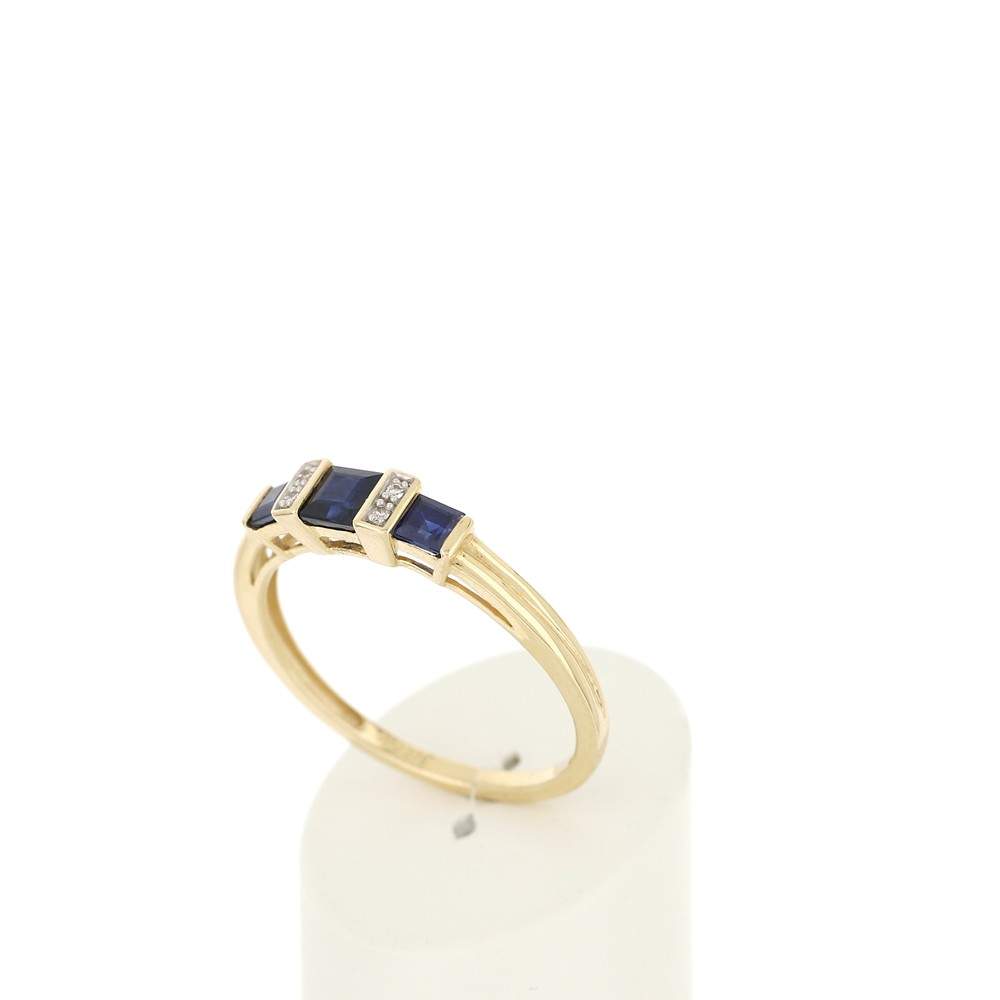 Bague or 750 jaune saphirs carrés et diamants - vue 3