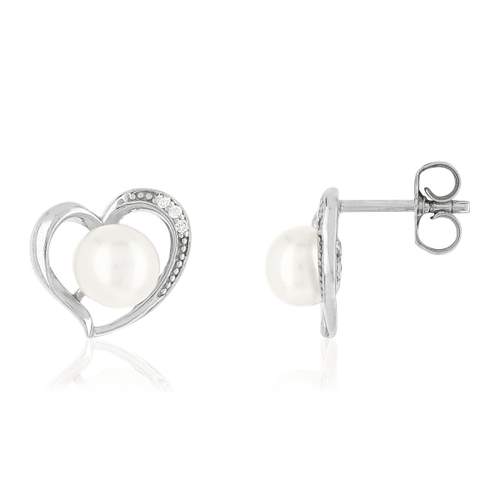 Boucles d'oreilles argent 925 coeurs perles de culture de Chine et zirconias