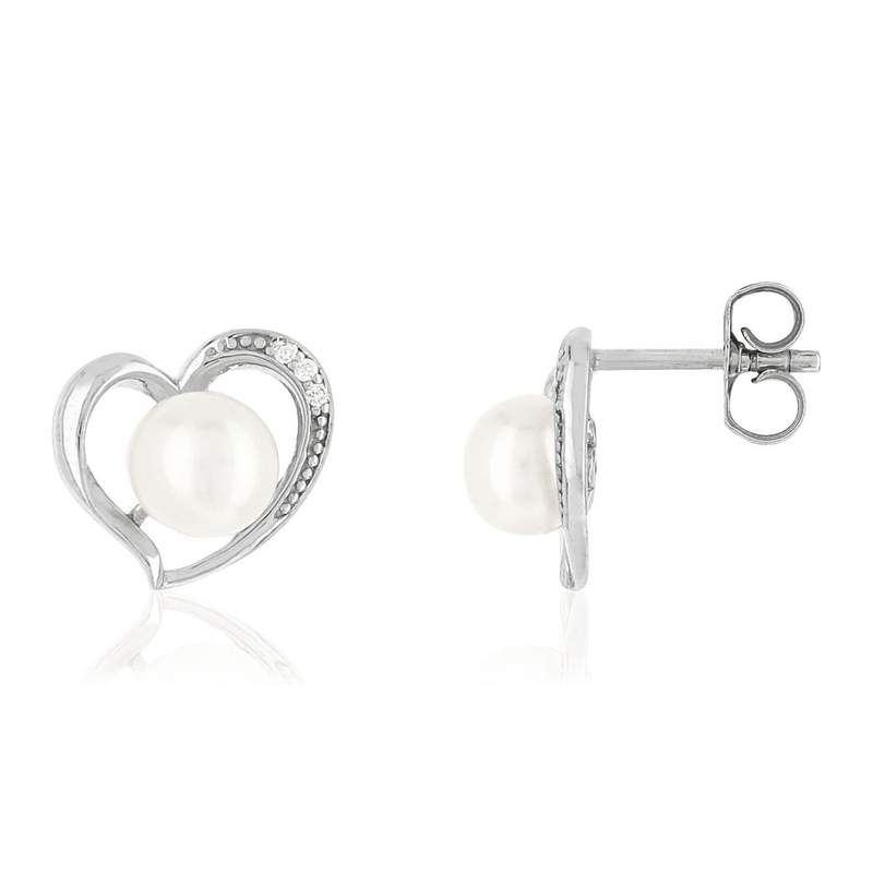 Boucles d'oreilles argent 925 coeurs perles de culture de Chine et zirconias - vue 1