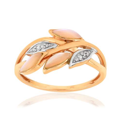 Bague or 375 rose 2 tons feuillage nacres roses et diamants
