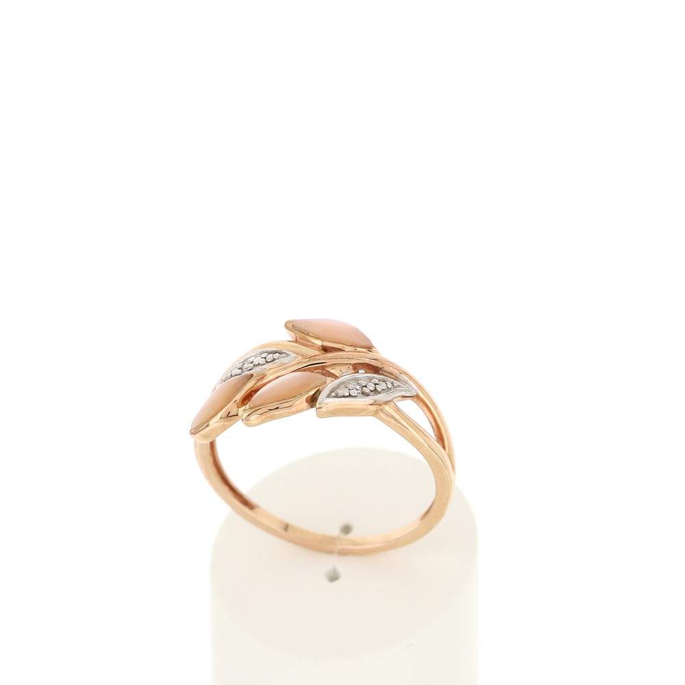 Bague or 375 rose 2 tons feuillage nacres roses et diamants - vue 2
