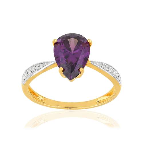 Bague or 375 2 tons améthyste taille poire et diamants