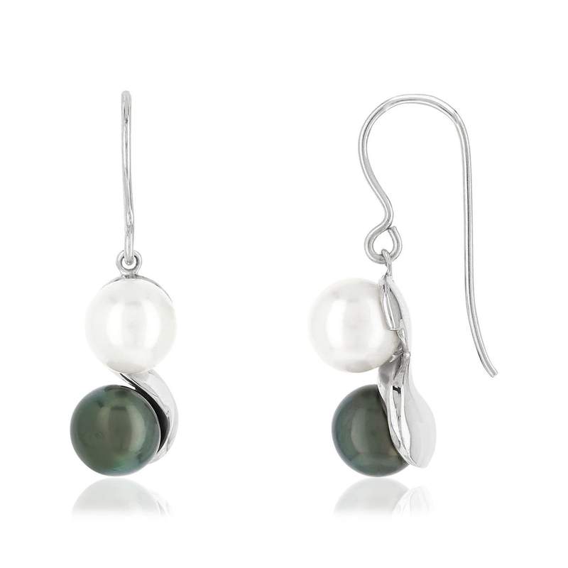Boucles d'oreilles argent 925 pendants perles de culture de Tahiti noires et perles de culture de Chine - vue 1