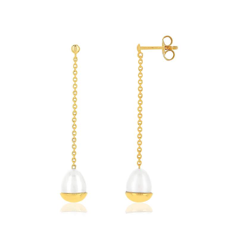 Boucles d'oreilles or 375 jaune pendants perles de culture de Chine - vue 1
