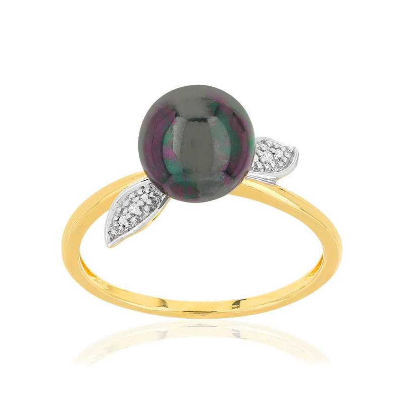 Bague or 375 2 tons perle de culture de Tahiti et diamants - vue 1