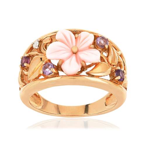 Roze parelmoer en diamanten in 375 gouden ring