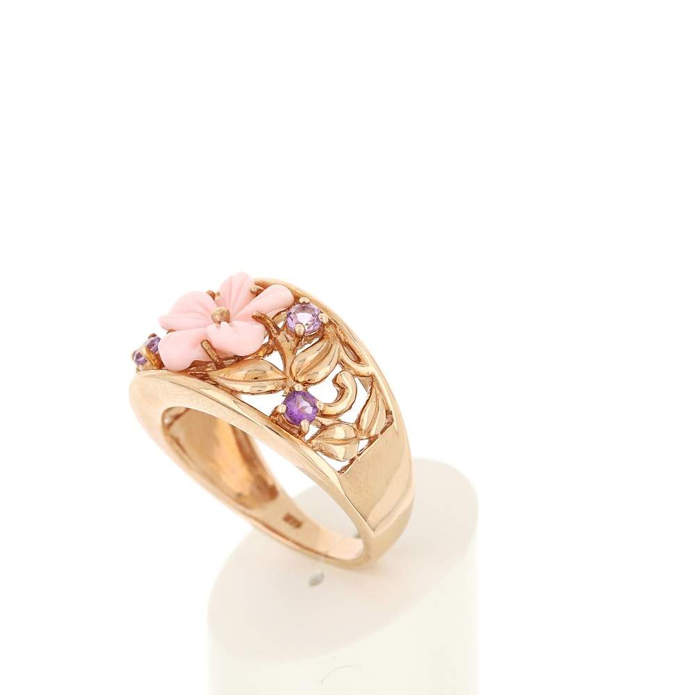 Bague or 375 rose fleur nacre rose pierres fines et diamants - vue 4