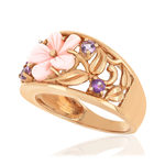 Bague or 375 rose fleur nacre rose pierres fines et diamants - vue D1