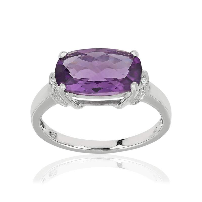 Bague or 375 blanc améthyste ovale et diamants - vue 1