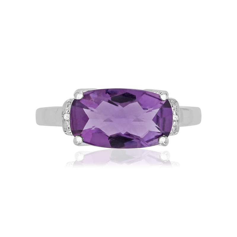 Bague or 375 blanc améthyste ovale et diamants - vue 3