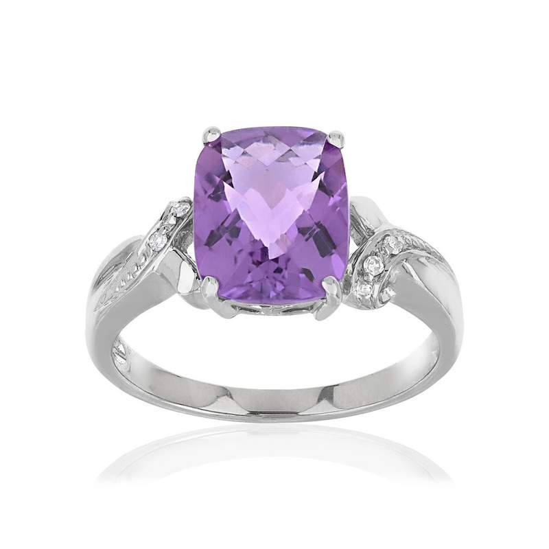 Bague or 375 blanc améthyste rectangulaire et diamants - vue 1