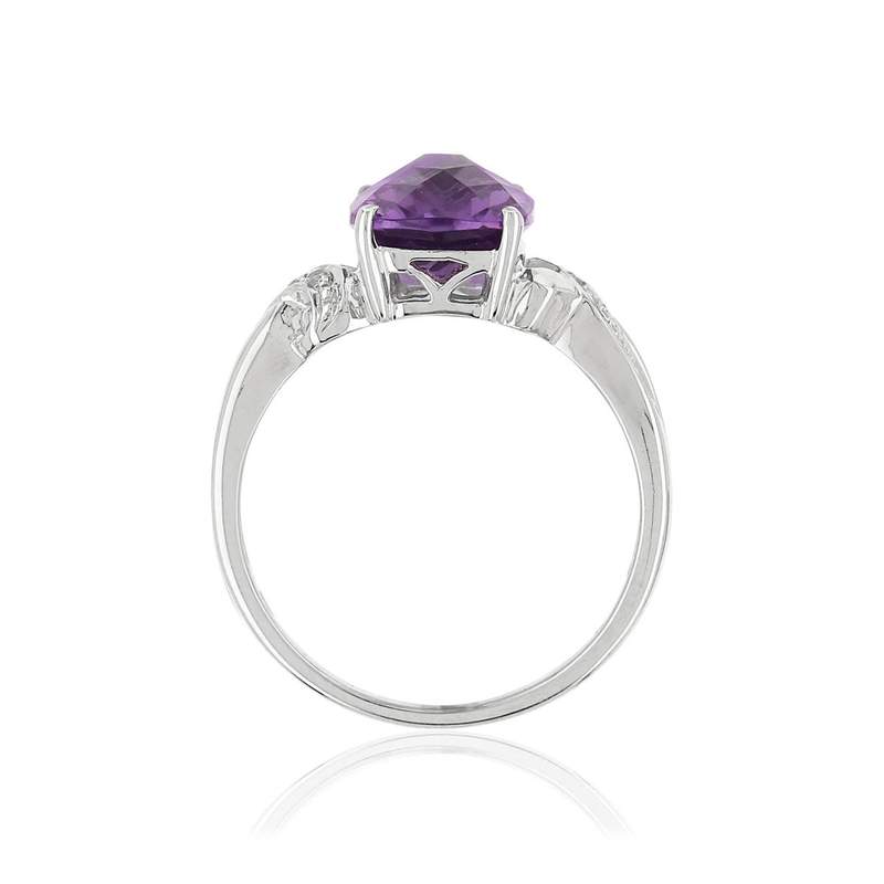 Bague or 375 blanc améthyste rectangulaire et diamants - vue 2
