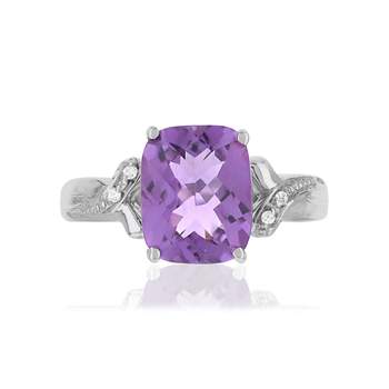 Bague or 375 blanc améthyste rectangulaire et diamants