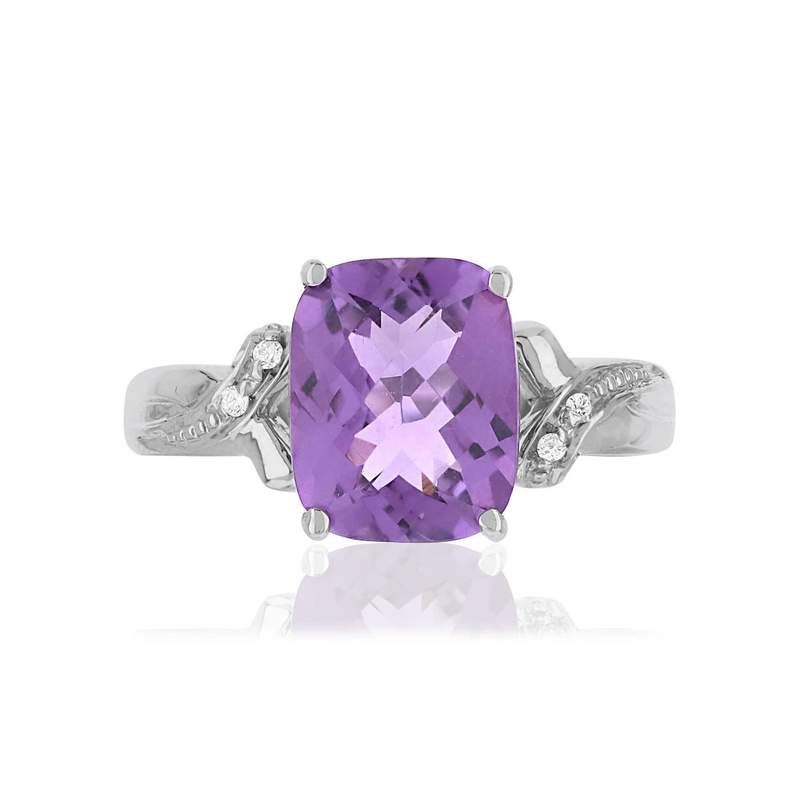 Bague or 375 blanc améthyste rectangulaire et diamants - vue 3