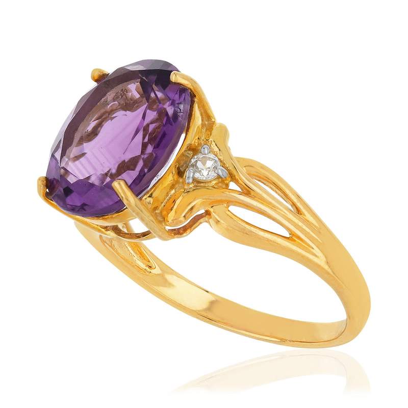 Bague or 375 jaune améthyste ovale et topazes - vue D1