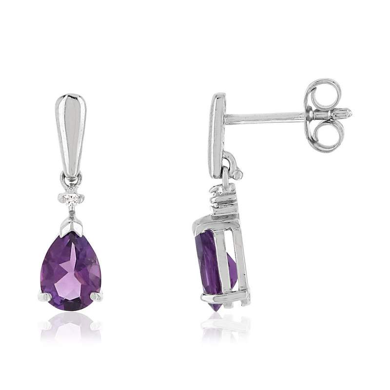 Boucles d'oreilles or 375 blanc pendants améthystes taille poire et diamants - vue 1