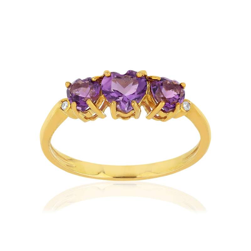 Bague or 375 jaune améthystes taille coeurs et diamants - vue 1