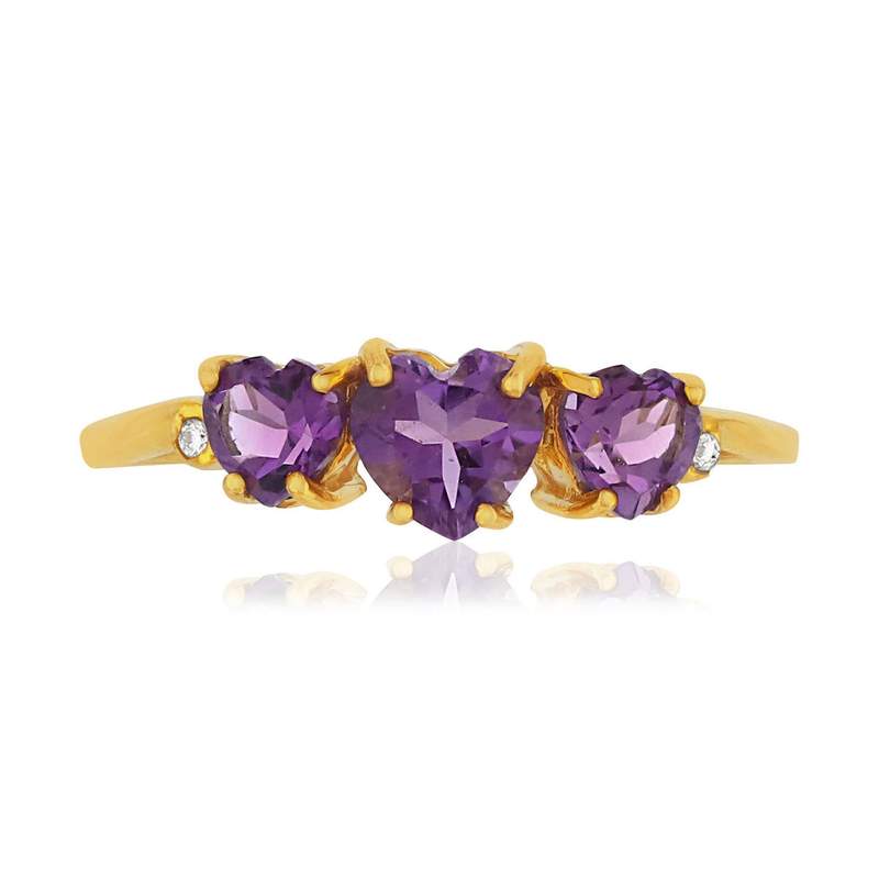Bague or 375 jaune améthystes taille coeurs et diamants - vue 3