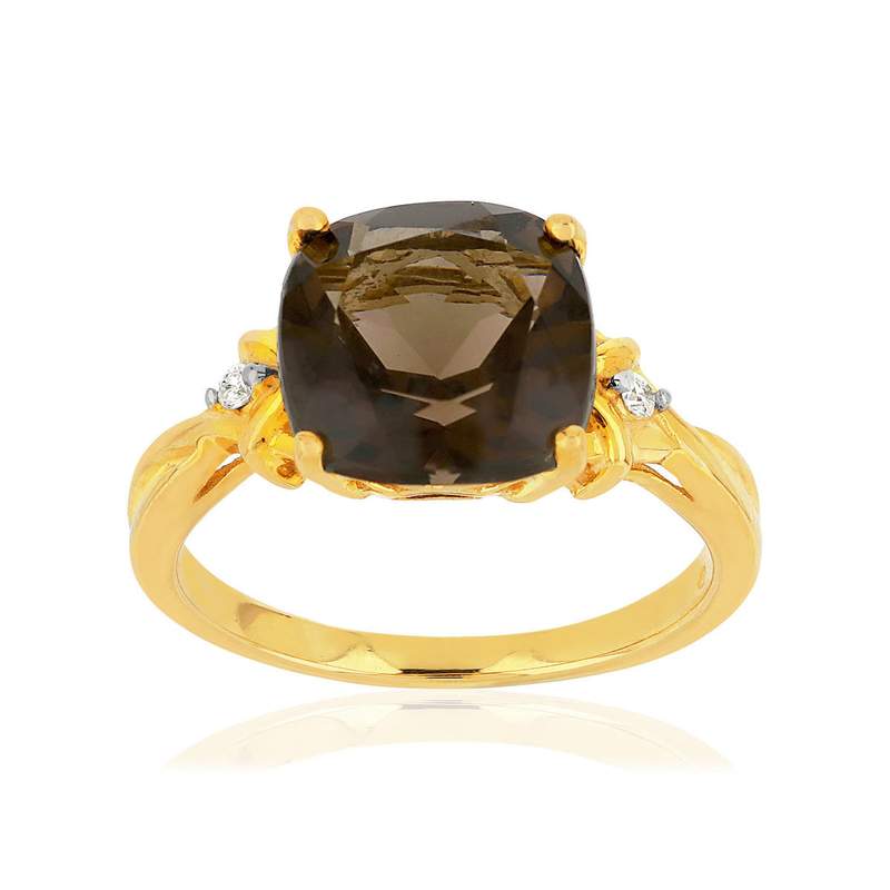 Bague or 375 jaune quartz fumé carré et diamants - vue 1