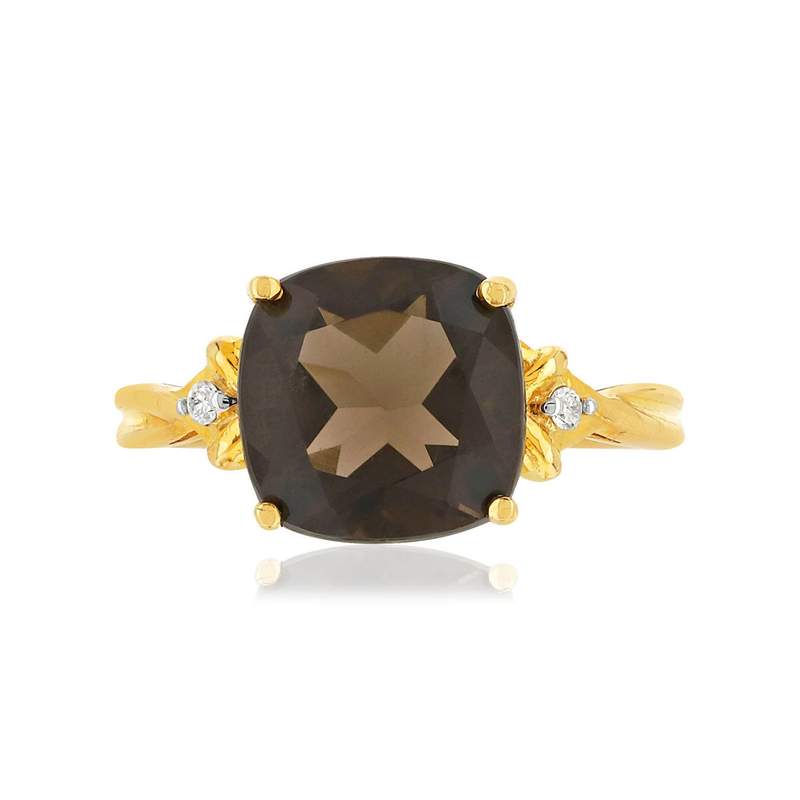 Bague or 375 jaune quartz fumé carré et diamants - vue 3