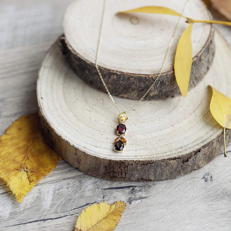 Gouden collier 375 gele citrien granaat en kwarts 45 cm - bekijk D2