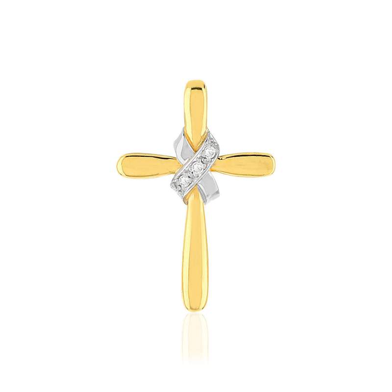 Pendentif croix or 375 2 tons diamants - vue 1