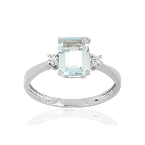 Bague or 375 blanc aigue-marine rectangulaire et zirconias