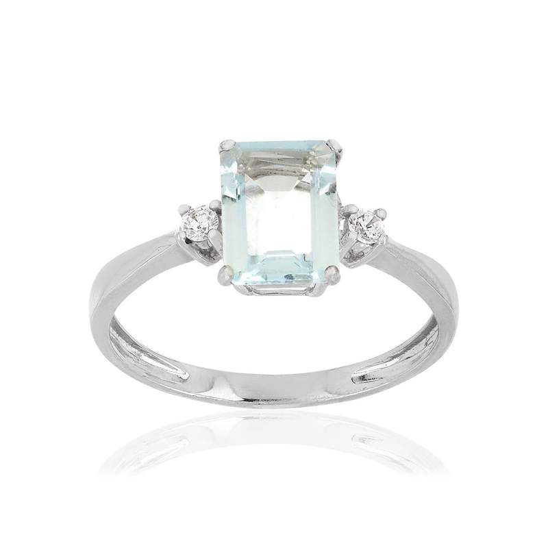 Bague or 375 blanc aigue-marine rectangulaire et zirconias - vue 1