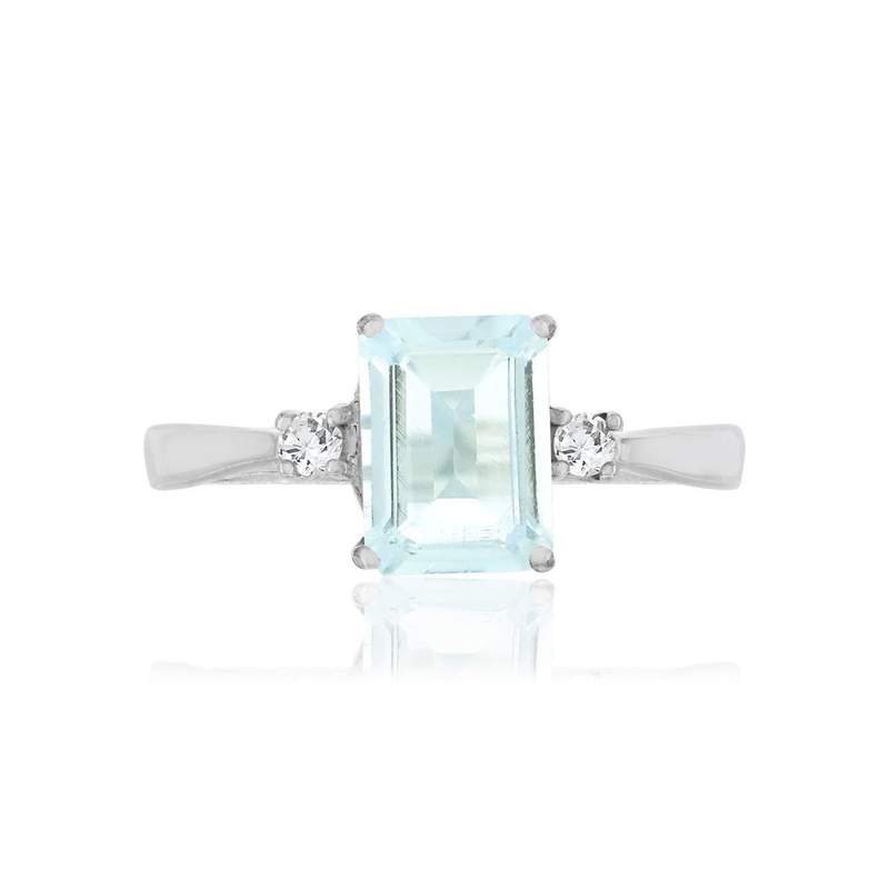 Bague or 375 blanc aigue-marine rectangulaire et zirconias - vue 3