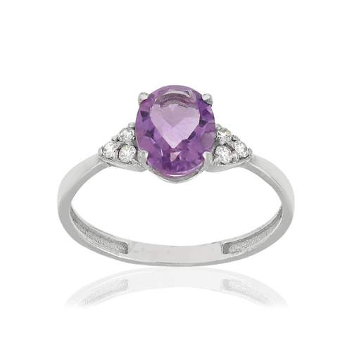 Bague or 375 blanc améthyste ovale et zirconias