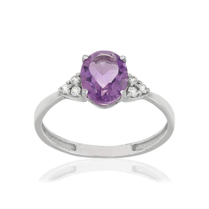 Bague or 375 blanc améthyste ovale et zirconias - vue 1