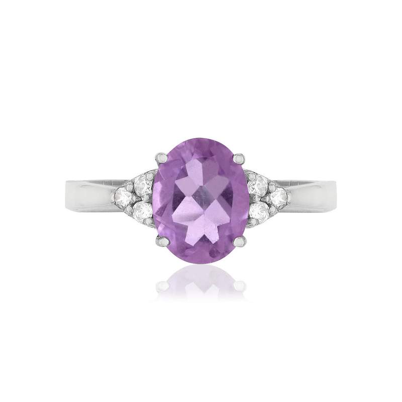 Bague or 375 blanc améthyste ovale et zirconias - vue 3