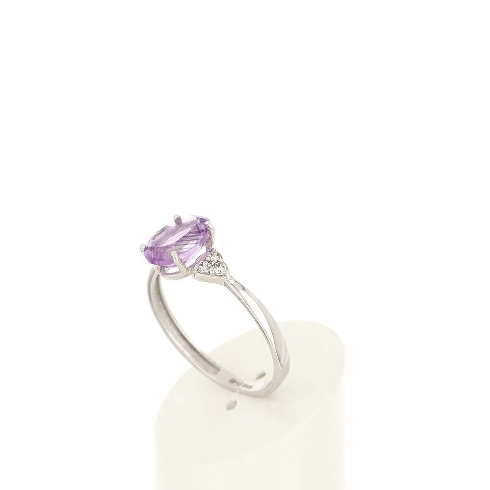 Bague or 375 blanc améthyste ovale et zirconias - vue 4