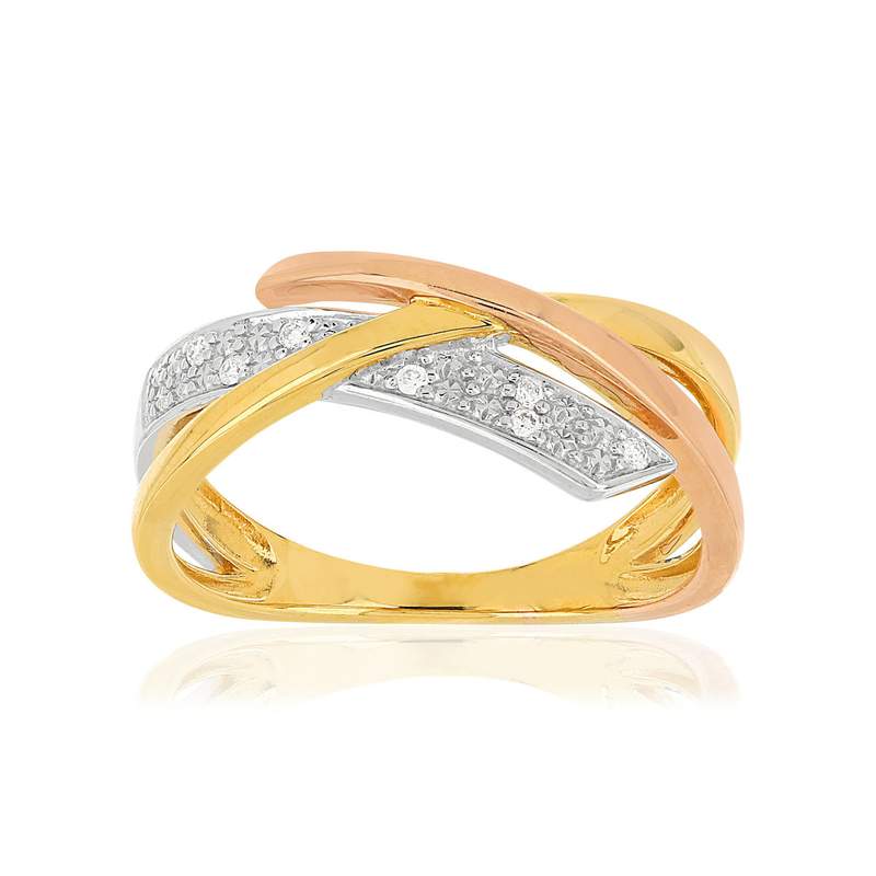 Bague or 375 3 tons croisée diamants - vue 1