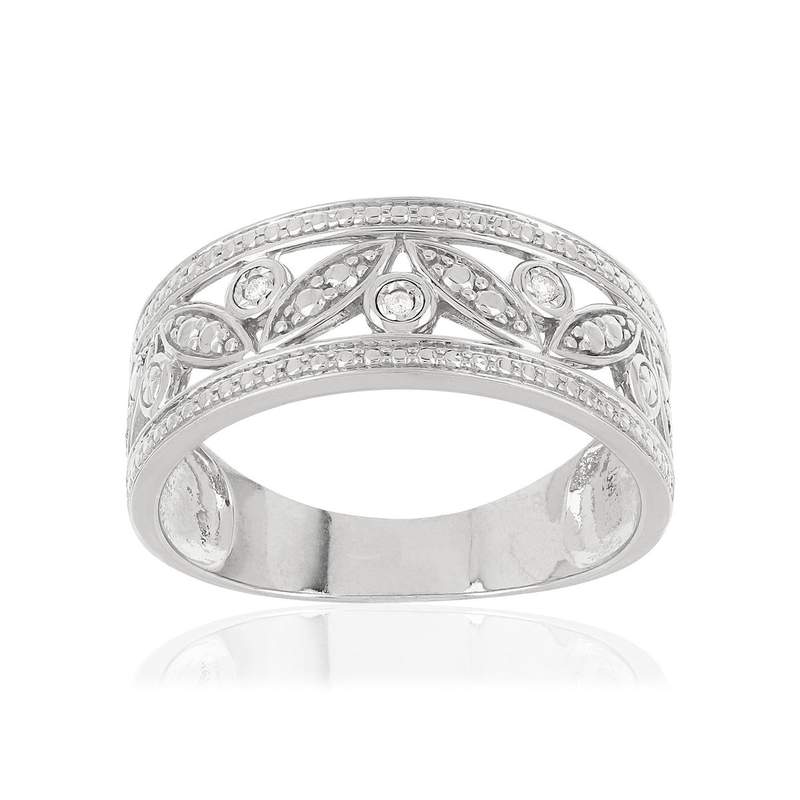 Bague or 375 blanc ajourée diamants - vue 1
