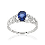 Bague or 750 blanc saphir ovale et diamants - vue 1