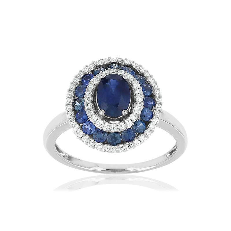 Bague or 750 blanc ovale saphirs diamants - vue 1