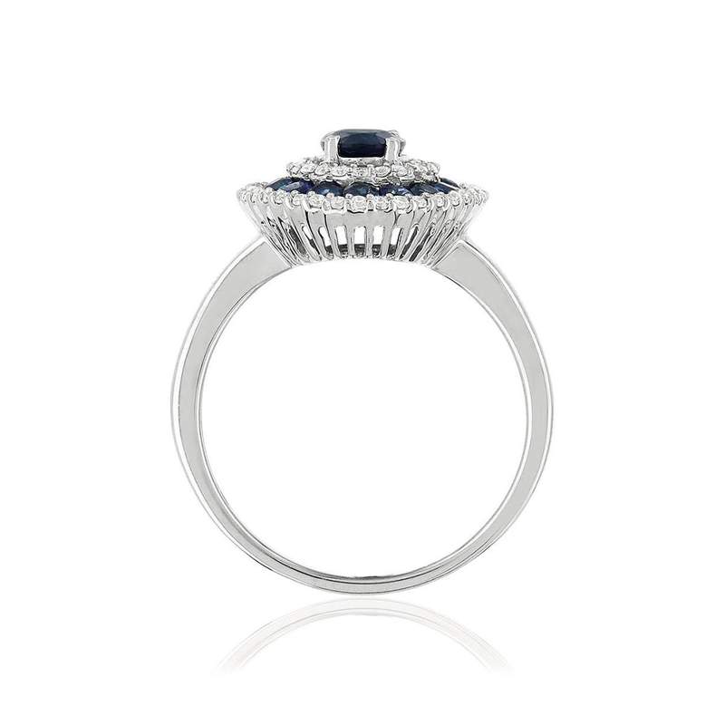 Bague or 750 blanc ovale saphirs diamants - vue 2
