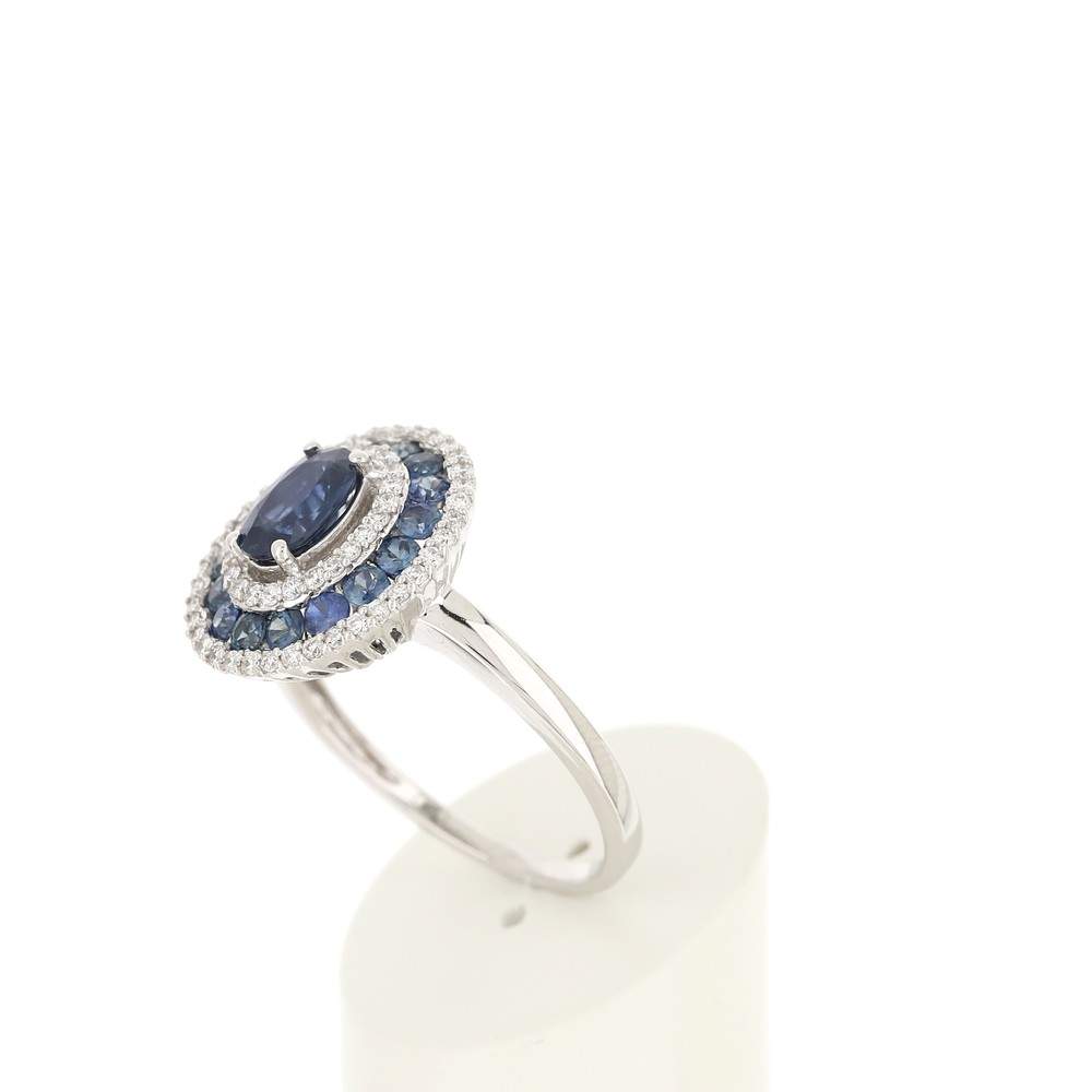 Bague or 750 blanc ovale saphirs diamants - vue 4
