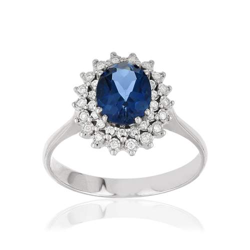 Bague or 750 blanc saphir ovale et diamants