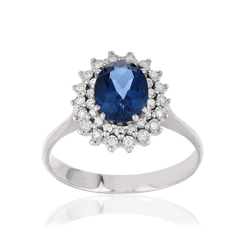 Bague or 750 blanc saphir ovale et diamants - vue 1