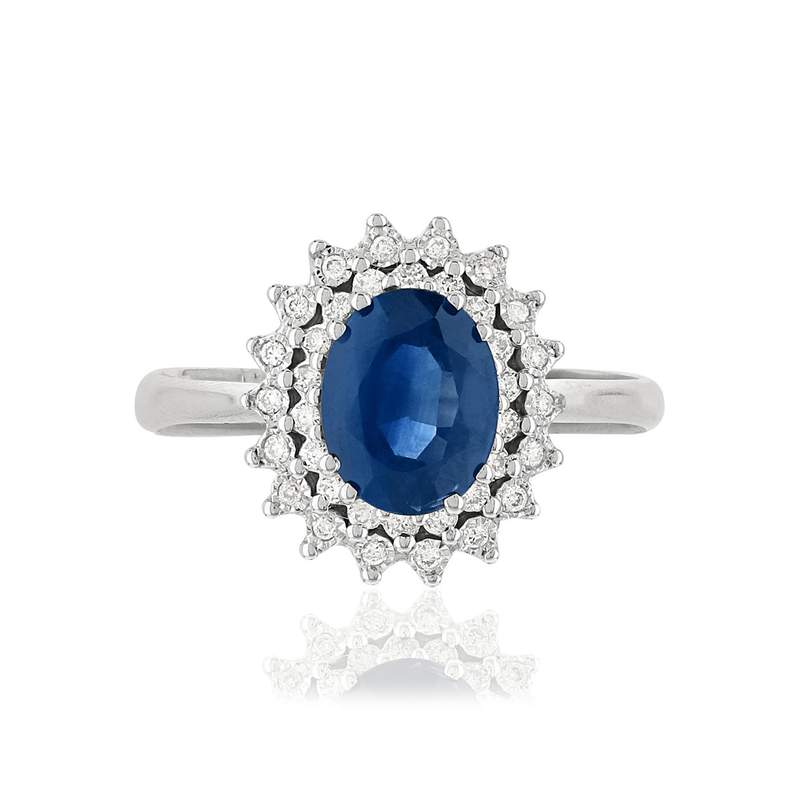 Bague or 750 blanc saphir ovale et diamants - vue 3