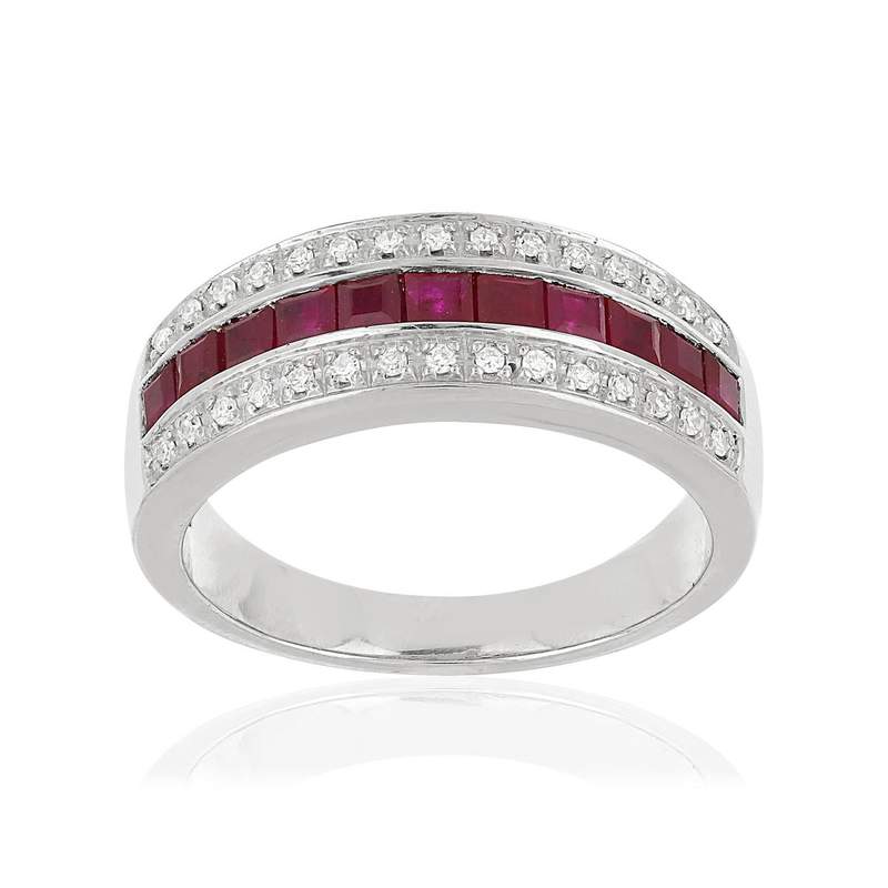 Bague or blanc 750 rubis diamants - vue 1