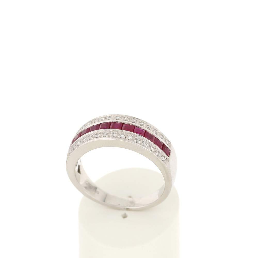 Bague or blanc 750 rubis diamants - vue 2