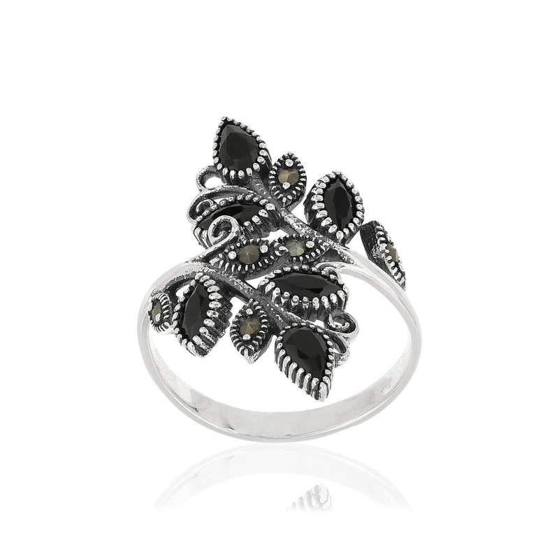 Bague argent 925 feuilles marcassites et zirconias noirs - vue 1